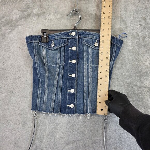 Zara Denim Corset Bustier Top Womens Large Blue Button Front Smocked Strapless - Picture 5 of 9